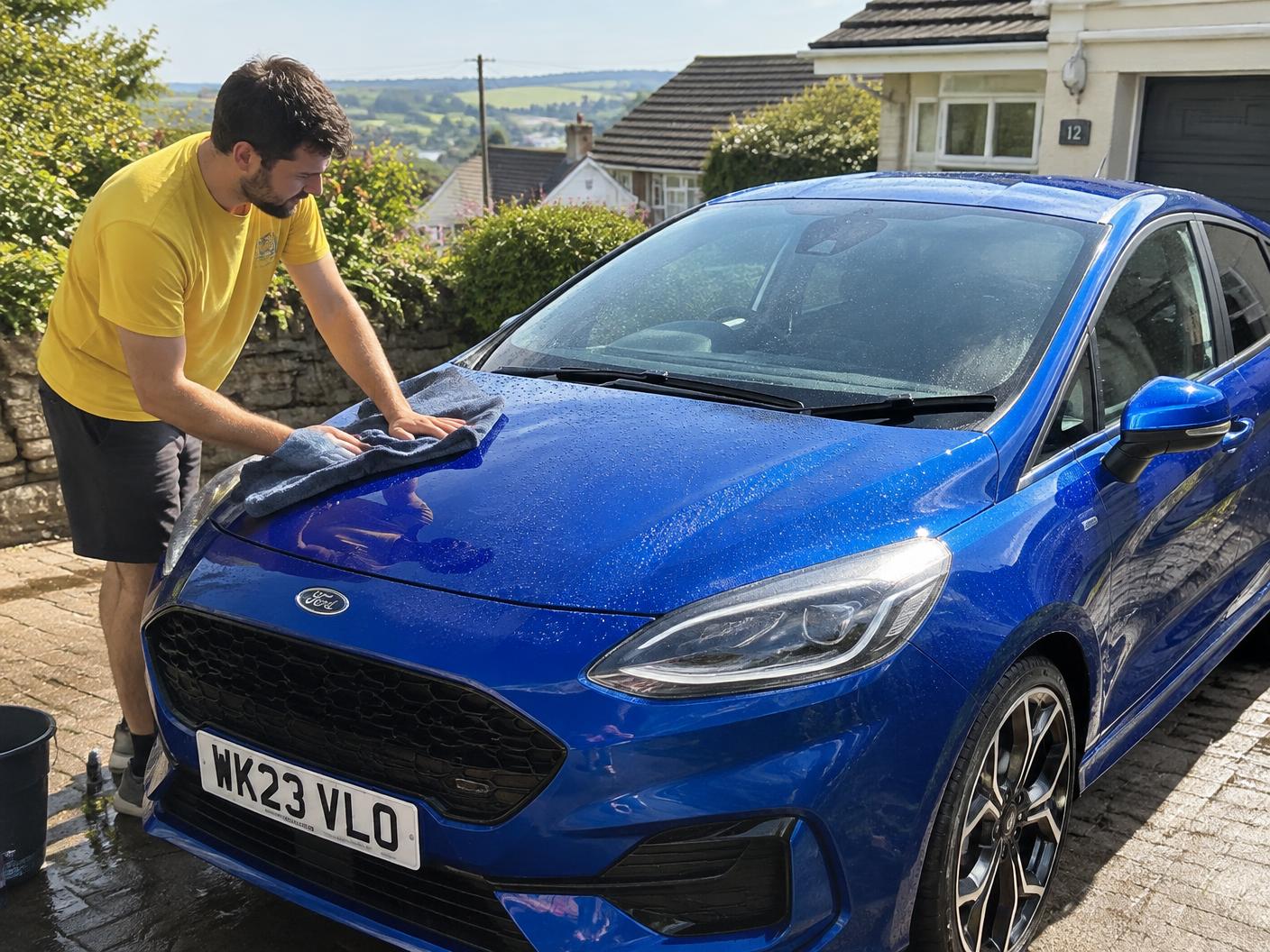 Freshly washed blue car being dried on a Devon driveway